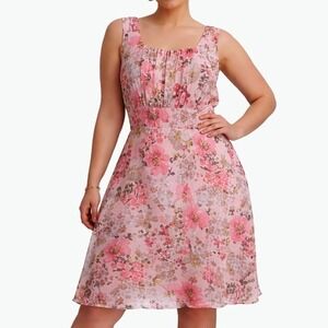 Floral Midi Dress Womens 18W Pink Sleeveless Chiffon Feminine Cottagecore Spring